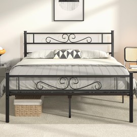 VECELO Queen Size Bed Frame with Headboard, Heavy-Duty Platform with Metal Slats Support, No Box Spring Needed/Easy Assembly, Pure Black