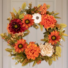 Benjia Fall Wreaths Front Door Decor, Sunflower Autumn Pumpkin Harvest Thanksgiving Wreath Reef Outside Outdoor Indoor Farmhouse Home Door Decorations 18 inch /45cm