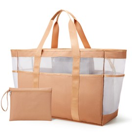 Kalidi Mesh Beach Bag XXL Family Beach Bag with Zip Shopper Women's Large Swimming Bag Beach Bag Shopping Bags for Travel Shopping and Everyday Use, tan