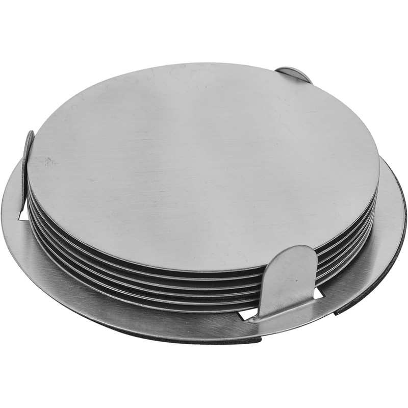 Coasters Set of 6 With Holder Silver Stainless Steel Cup