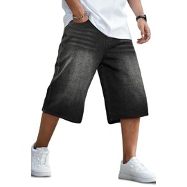 GINGTTO Mens Long Jeans Shorts Below Knee Casual Baggy Jorts Men Black Denim Shorts Loose Fit 36