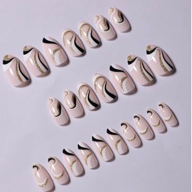 French Tip False Nails with Glue 24 Pcs Soft Gel Press On Nails in 12 Sizes Reusable (Line Art, One size)