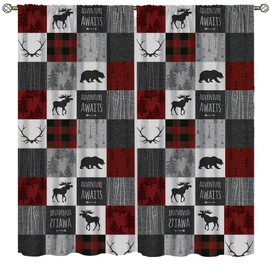 SENRUEGT Retro Rustic Curtains,Vintage Deer Bear Farmhouse Window Treatments for Bedroom Kitchen,Red 42x45 Inch