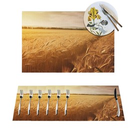 Wheat Field Placemats Set Washable Non-Slip Place Mats Heat Resistant Table Mats Rectangle PVC Woven Placemat for Dining Table Decoration