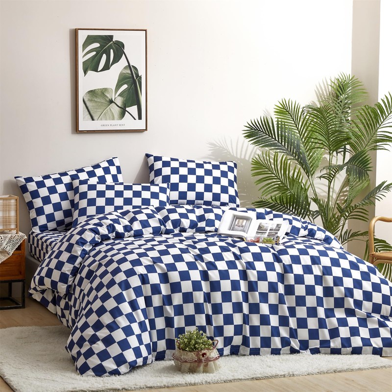 CLOTHKNOW Blue White Plaid Queen Comforter Set 3Pcs Grid Bedding
