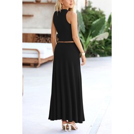 PRETTYGARDEN Women's 2 Piece Maxi Skirt Sets Casual Summer Knit Cropped Tank Top High Waisted Long Skirts Outfit (Black,Medium)