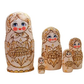 Semenowskaya Rospis Matryoshka Babuschka Matryoshka Wooden Figures Sunflower 5 Dolls Wood Burning Grinding