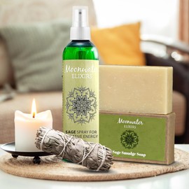 Sage Smudge Bundle - Spiritual Cleansing Kit with Sage Soap, Spray, and Smudge Stick - Clear Negative Energy, Purify Spaces, and Invite Positivity - 4oz Spray, 1 Bar, 1 Stick by Moonwater Elixirs