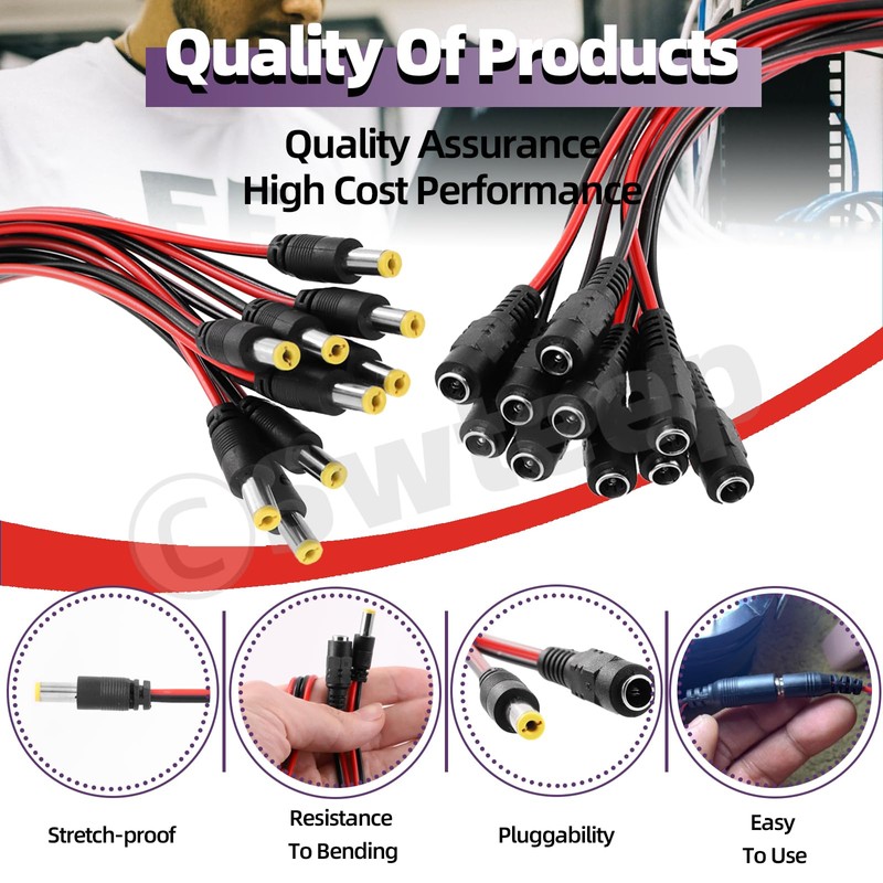 Swpeet 10 Pairs 2.1mm x 5.5mm Male Female 18AWG 12V