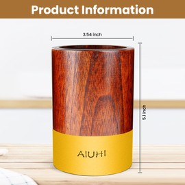 AIUHI Wood Cooking Utensil Holder for Countertop,Teak Crock Organizer Caddy, Wooden Holder for Kitchen Utensils,for Spoons Spatula Straw Cutlery Accessories Utensils Storage (Yellow)