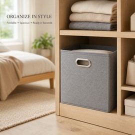 Foldable Fabric Storage Cube Bin with Metal Handles, Gray