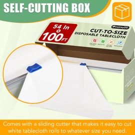 54 in X 100 FT White Plastic Table Cover Roll with Slide Cutter，Cuts Up to 12 Rectangle 8 Feet Disposable Plastic Table Cloths，Disposable Table Cover Roll for Dinning，Parties，BBQ，Wedding，Outdoor