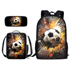 ZIATUBLES Splatter Soccer Ball Print Backpack Set for Boys Girls 17 Inch Travel Laptop Backpacks Book Bag with Lunch Bag Pencil Case Schoolbag Back-to-School Set for Student