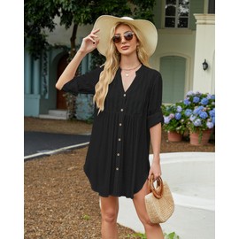 Bsubseach Beach Coverups for Women 2025 Bathing Suit Cover Up V Neck Button Down Swimwear Lace Splicing Shirt Dress Black