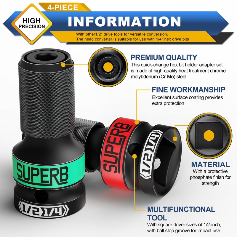 SKRWEAX Impact Wrench Adapter, 1/2" Squre Drive to 1/4" Hex