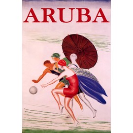 WONDERFULITEMS Aruba Caribbean Summer Beach Happy Women Playing Ball Sun Umbrella Travel 12" x 16" Image Size Vintage Poster repro Canvas Rolled up. We Have Other Sizes