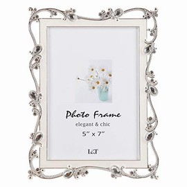 L&T Metal Picture Frame Silver Plated with Cream White Enamel and Jewels 5x7 Inch, Ideal Anniversary Wedding Mother's Day Gift Photo Frame