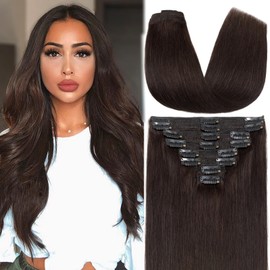 S-noilite Clip in Hair Extensions Human Hair Thick True Double Weft Clip in 100% Real Human Hair Full Head 8 Pieces 18 Clips Straight Silky (10 Inch - 110g,Dark Brown (#2))