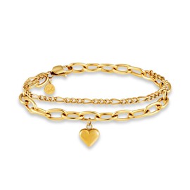 GD GOOD.designs Heart Bracelet for Women - Multi-Row Charms Bracelet in 18K Gold, Rose Gold or Silver | Adjustable Heart Charm Bracelet (14.5 cm - 19.5 cm) - Figaro Chain, Curb Chain, Stainless Steel