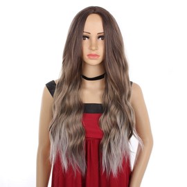 Xtrend 24 Inch Long Ombre Brown Grey Curly Wavy Wigs for Women Ombre Natural Wavy Hair Wig Fashion Heat Resistant Synthetic Natural Looking for Daily Use