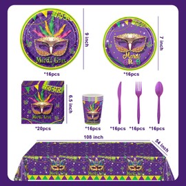 UgyDuky 117Pcs Mardi Gras Party Supplies Masquerade Mask Mardi Gras Tableware Set Includes Mardi Gras Dinner Plates Cups Napkin Cutlery Tablecloth for Mardi Gras Carnival Masquerade Party Decorations