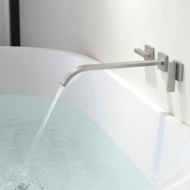 BEIYI Wall Mount Tub Filler, Brushed Nickel Wall Mounted Bathtub Faucet Brass Extra Long High Flow Bath Tub Faucet Set, BY005TN