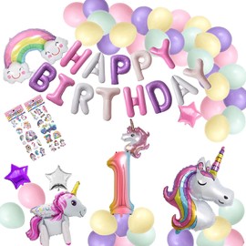 1st Birthday Balloons, Girls, Unicorn, Birthday Balloons, Decoration Set, Number Balloons, 1, 3 Unicorns, Happy Birthday Party Balloons, Birthday Decoration Set, Unicorn Stickers, 2 Set, Approximately