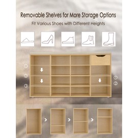 DINZI LVJ Shoe Bench, Entryway Storage Bench with Drawer and 15 Cubbies, Cubby Shoe Rack with Adjustable Shelves, Shoe Organizer Cabinet for Living Room, Bedroom, Mudroom, Closet and Garage, Natural