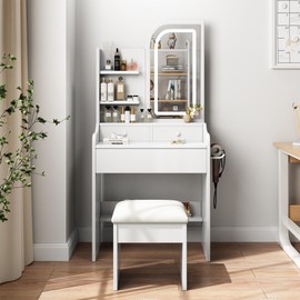 Betoko Makeup Vanity Desk with Mirror and Lights,Small Vanity Table Modern Dressing Table Set with Upholstered Stool & Drawers & Shelves for Bedroom Small Spaces(White-with Stool)