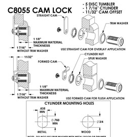 CompX C8055 Cam Lock 1-7/16"L x 3/4"D Cylinder Bright Brass 5 Disc Keyed Alike