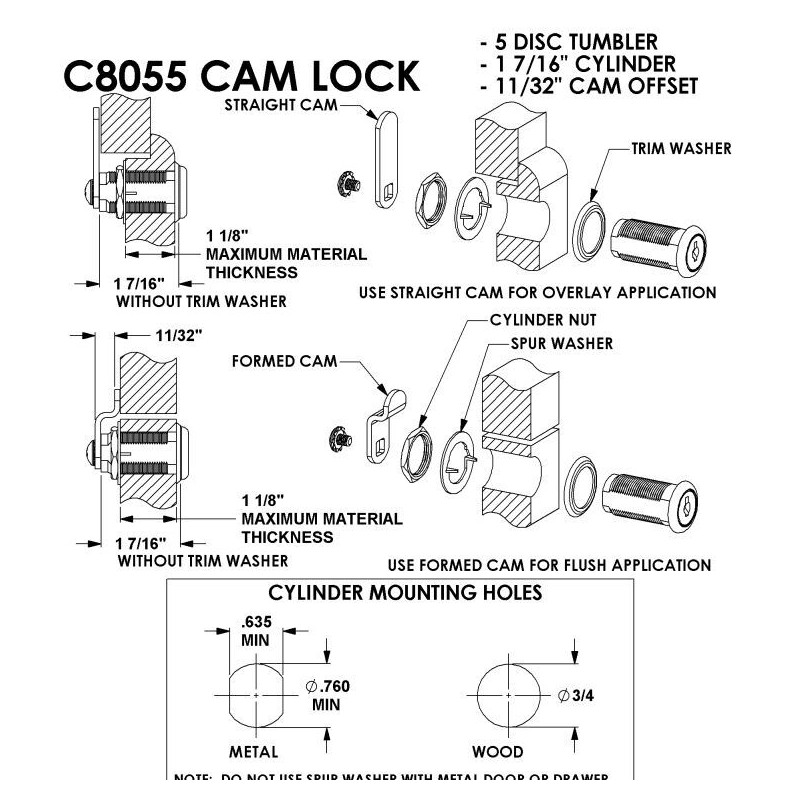 CompX C8055 Cam Lock 1-7/16"L x 3/4"D Cylinder Bright Brass