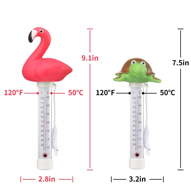 2 Packs Floating Pool Thermometer, Flamingo & Turtle Design Large