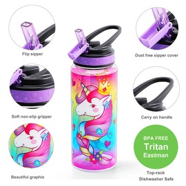 HomTune Cute Water Bottle with Straw for School Kids Girls, BPA FREE Tritan & Leak Proof & Easy Clean & Carry Handle, 23oz/ 680ml - Unicorn