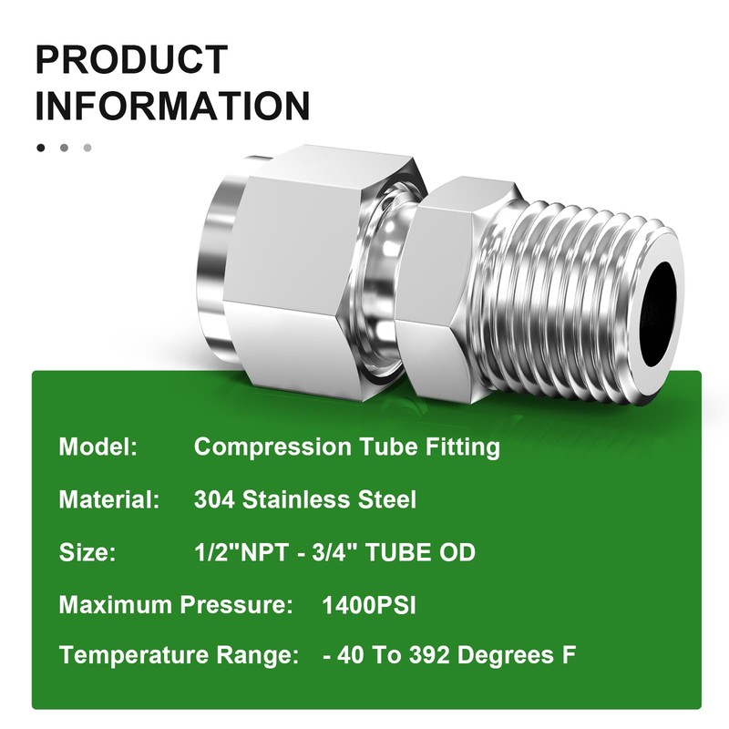 TAISHER 1PCS 304 Stainless Steel Compression Tube Pipe Fitting Connector,