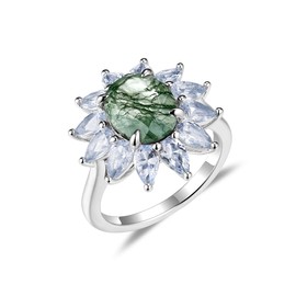 ITI KUOLOLIT Moss Agate Ring Natural Gemstone Genuine 925 Sterling Silver with Gold plating Women’s Oval Cut Moss Agate Engagement Ring Gifts for Her ﻿, Agate