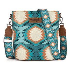 Wrangler Aztec Crossbody Bag for Women Western Shoulder Purses Southwestern Print Canvas Bucket Handbag with Adjustable Strap, WG221-8360TQ