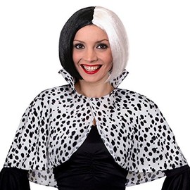 LADIES DALMATIAN PRINT COLLARED CAPE + BLACK/WHITE BOB WIG - EVIL DOG LADY SCHOOL BOOK WEEK + WORLD BOOK DAY FANCY DRESS COSTUME ACCESSORY (PLUS SIZE)