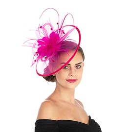 Sinamay Flower Feather Headband Fascinator Wedding Headwear Ladies Race Royal Ascot Pillbox Wedding Cocktail Tea Party Derby Hat for Women（SG-Rose Pink