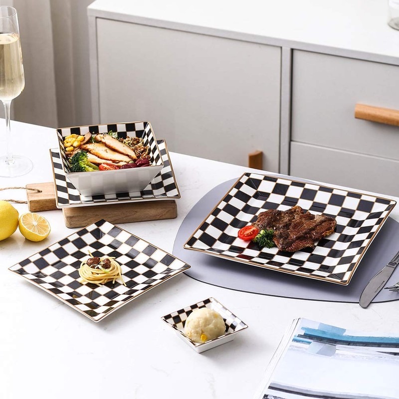 Porlien Checker Porcelain Square Dinnerware Set for 4, Dishes Set