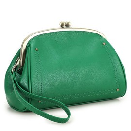 QJK Cosmetic Bag for Woman, Kiss Lock Clutch Bag Genuine Leather Evening Bag Kiss Clasp Wrist Wallet Vitange Handbag (GREEN)