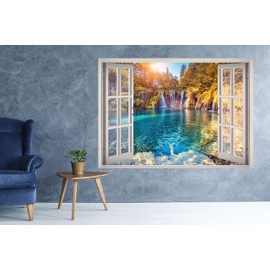 Crystal Water Waterfall View Window 3D Wall Decal Art Removable Wallpaper Mural Sticker Vinyl Home Decor West Mountain™ W85 (Small (24''W x 17''H))