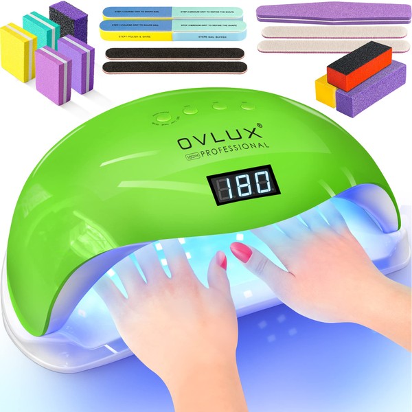 OVLUX Lámpara de uñas LED UV – Luz de curado de 180 W para acrílico y esmalte de gel, dispositivo de secado de manicura y pedicura con 57 bombillas, 16 limas y amortiguadores, 4 ajustes de temporizador, visualización LCD, encendido y apagado automático, 