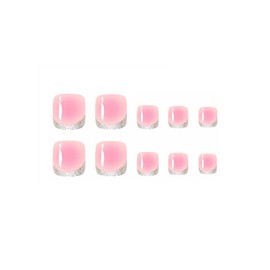 MISUD Press on Toenails Glossy Fake Toe Nails Glue on Nails Pink Ombre Acrylic Toe Fake Nails Supplies Bling Glitter False Toenails Art with Design Full Cover Press-on Toe Nails DIY 24pcs