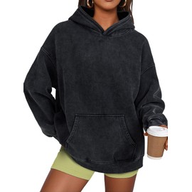 Trendy Queen Oversized Hoodies for Women Acid Wash Sweatshirt Cute Pullover Fall Winter Long Sleeve Shirts Black S
