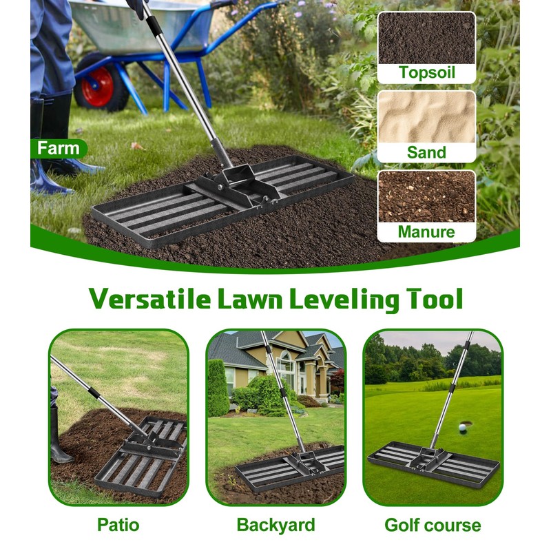 Heavy-Duty Lawn Leveling Rake Levelawn Tool with 30"x10" Plate &