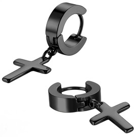 JewelryWe 2pcs Mens Stainless Steel Cross Huggie Hinged Hoop Earrings, Black