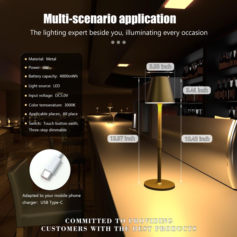 Timjorman LED CordlessTable Lamp,4000mAh Rechargeable Battery Desk lamp,3 Level Brightness