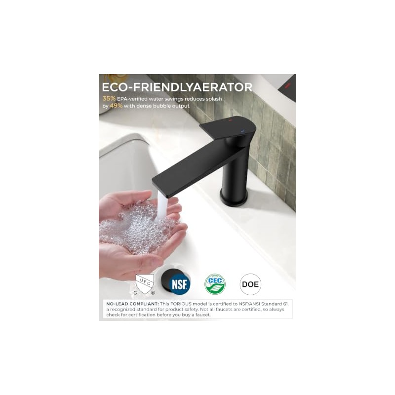 FORIOUS Black Bathroom Faucet 1 Hole, Single Lever Bathroom Sink