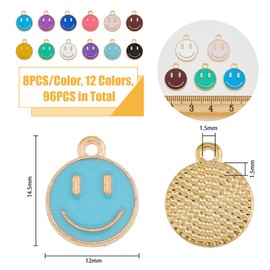 SUPERFINDINGS 96 Pieces 12 Colours Smile Face Charms Alloy Enamel Charms with Smile Light Gold Happy Face Pendant for Jewellery Making Hole: 1.5 mm