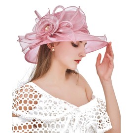 Z and X Organza Church Fascinator Kentucky Derby Hats for Women Flower Wedding Tea Party Hat Wide Brim Sun Hat Pink,purple,One Size